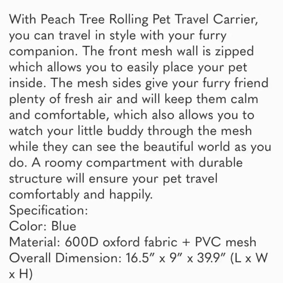 NWOT, Rolling Backpack Pet Carrier, Small Dog, Cat, Mesh, Pockets, Blue, Black - Picture 13 of 13